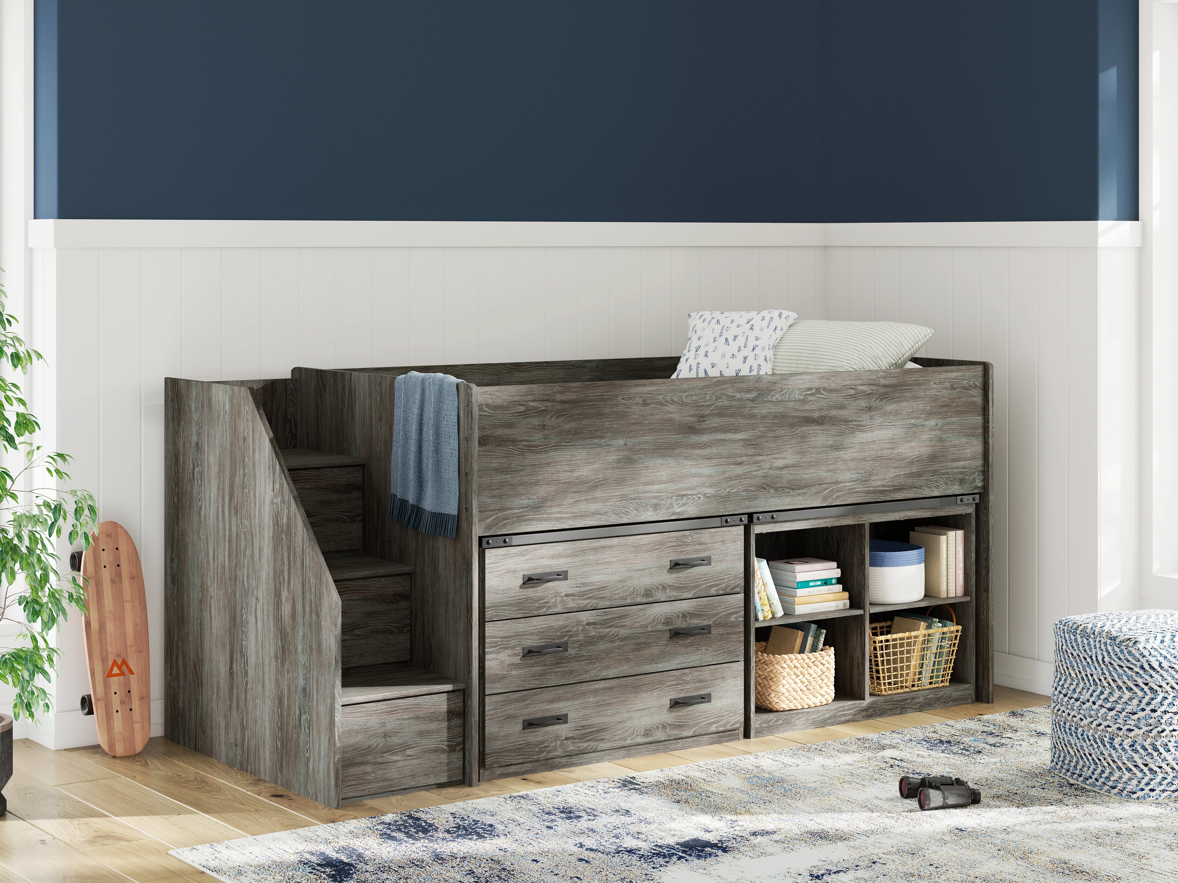 Coral Furniture - Ashley Furniture - Frandern Bedroom - Twin Loft  Bed with Bookcase and Drawer Storage / Gray - B4480B16
