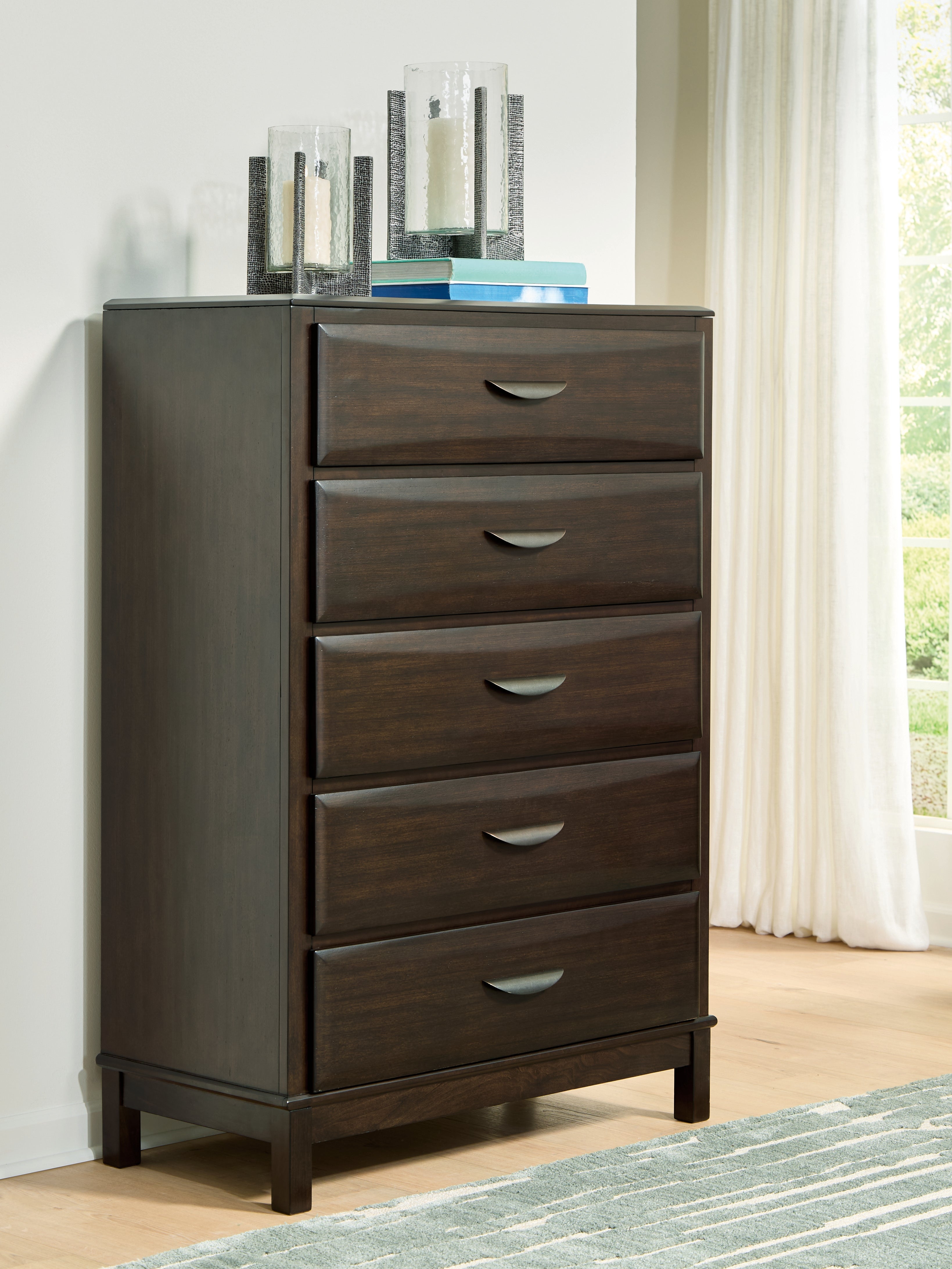Coral Furniture - Ashley Furniture - Vanmore Bedroom - Five Drawer Chest / Dark Brown - B479-46