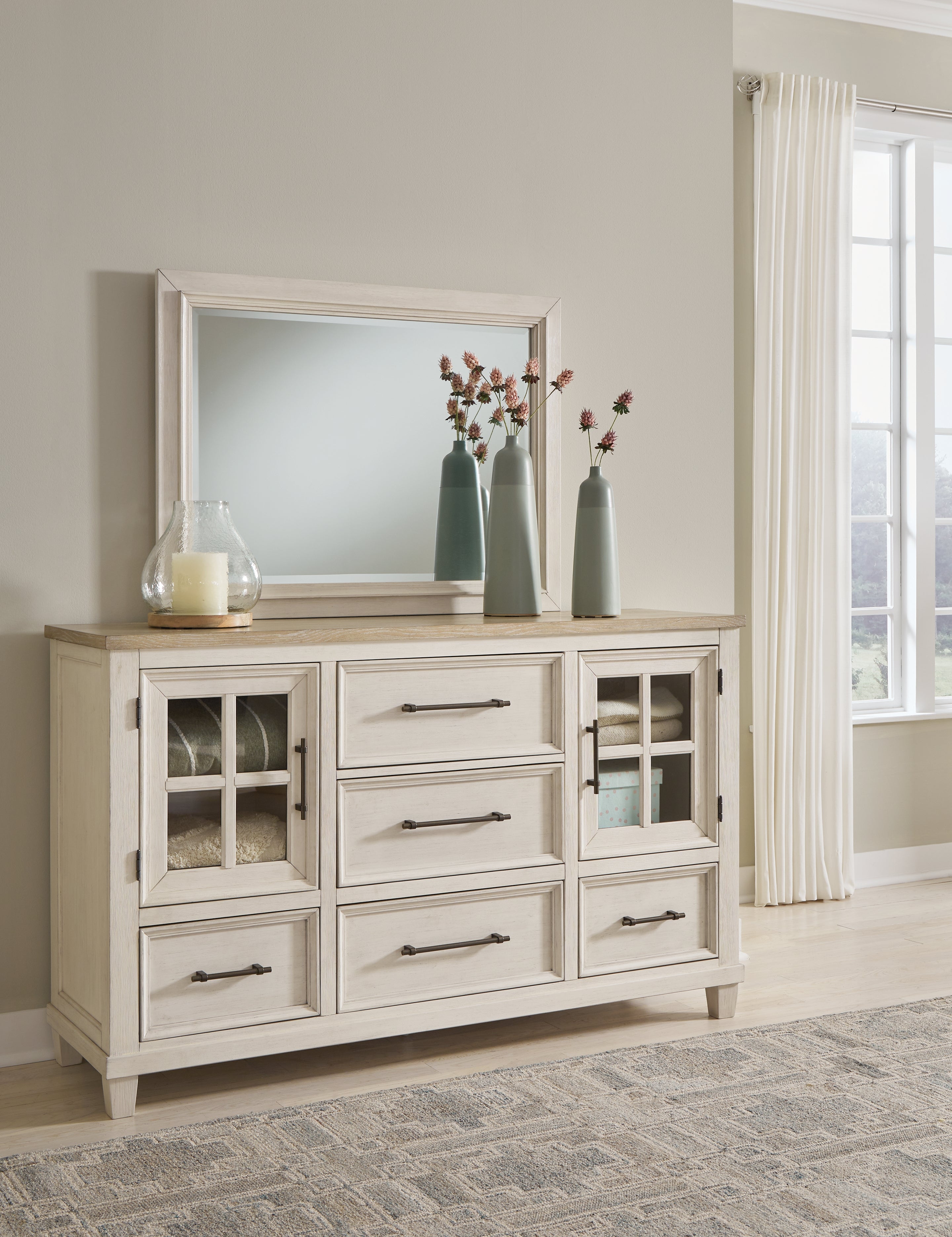 Coral Furniture - Ashley Furniture - Shaybrock Bedroom - Dresser and Mirror / Antique White/Brown - B683B1