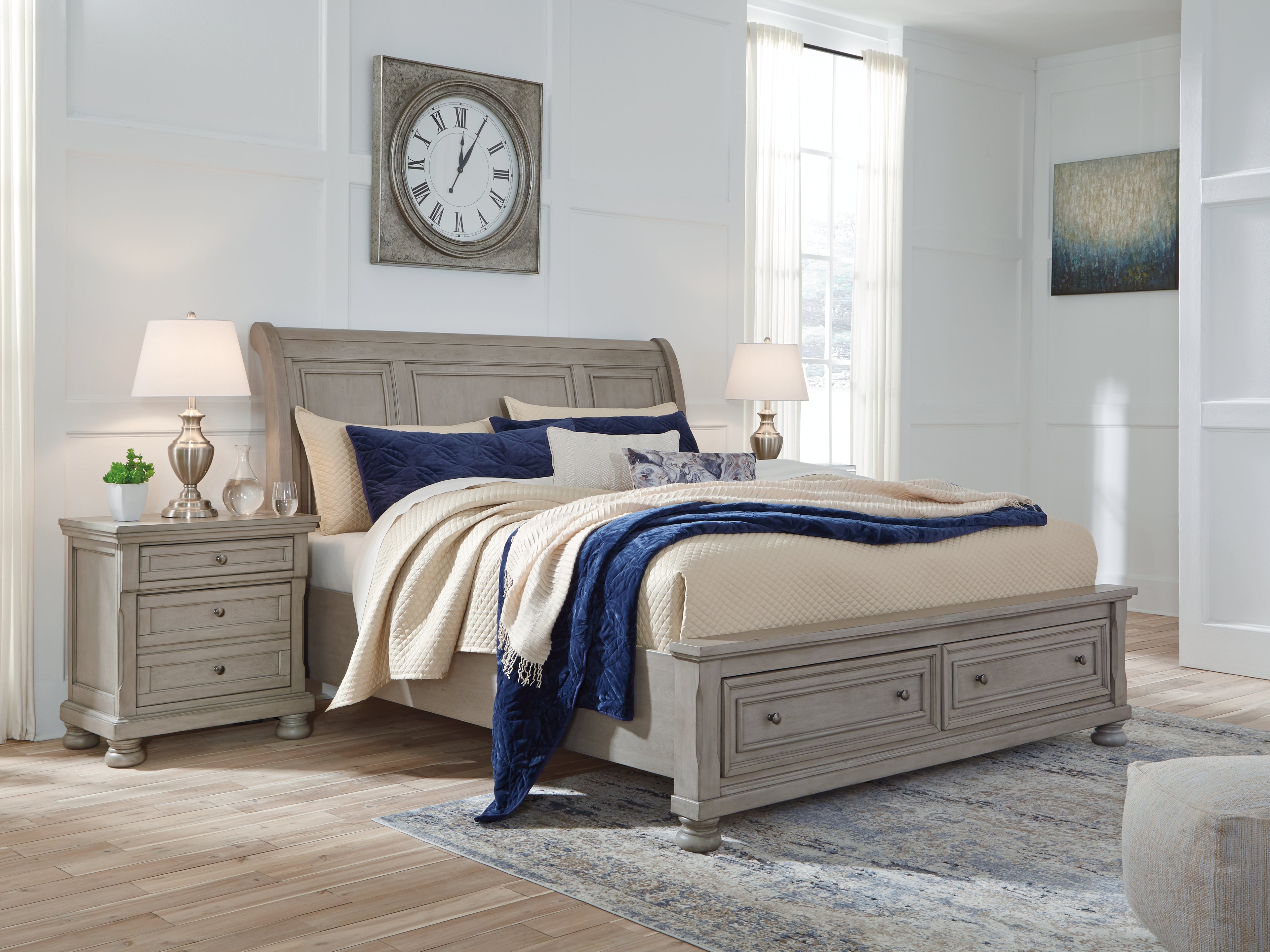 Coral Furniture - Ashley Furniture - Lettner Bedroom - King Sleigh Bed with 2 Storage Drawers / Light Gray - B733B8