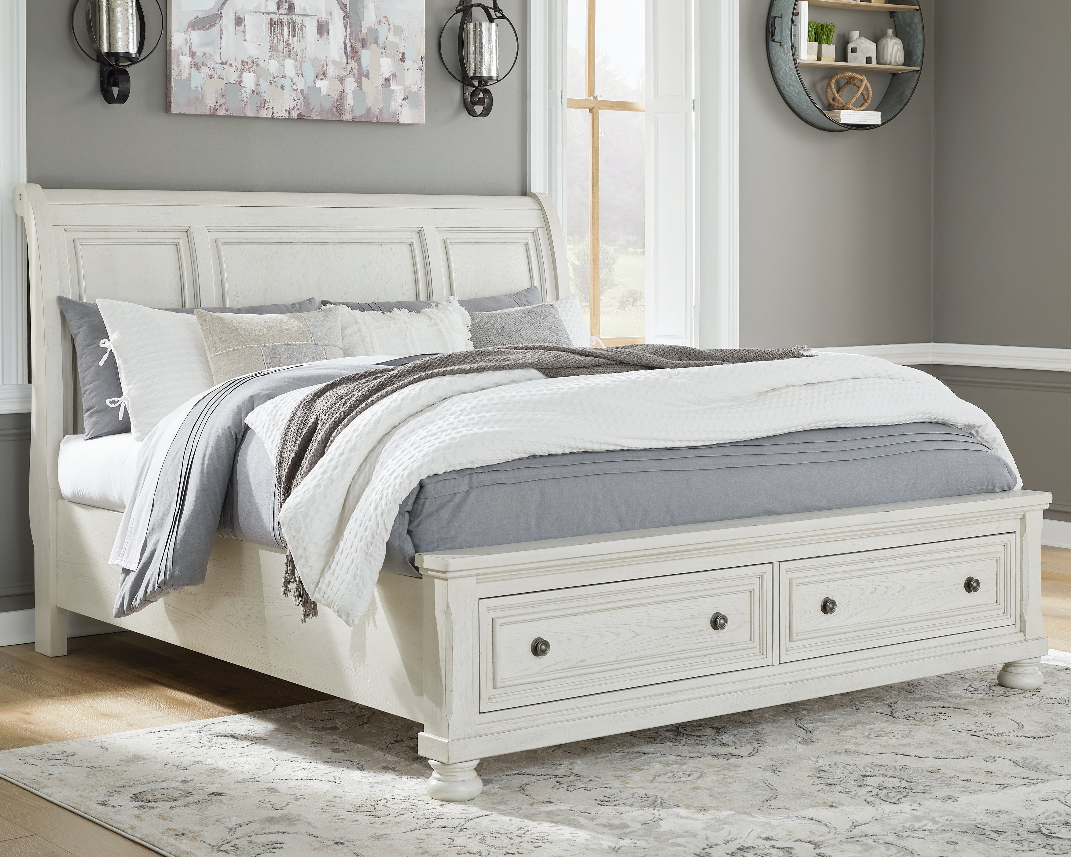 Coral Furniture - Ashley Furniture - Robbinsdale Bedroom - King Sleigh Bed with Storage / Antique White - B742B8