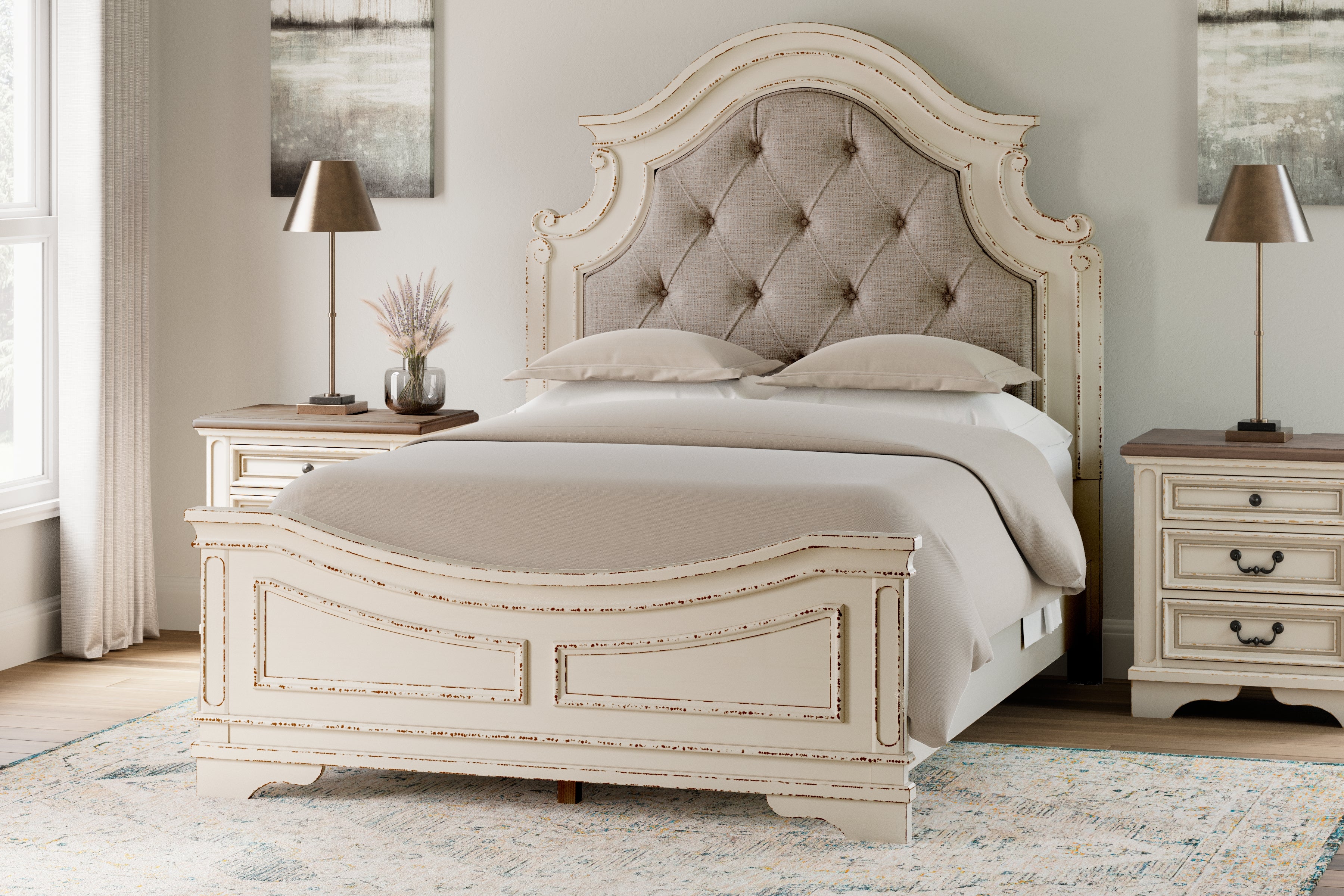 Coral Furniture - Ashley Furniture - Realyn Bedroom - Queen Upholstered Panel Bed / Chipped White - B743B2