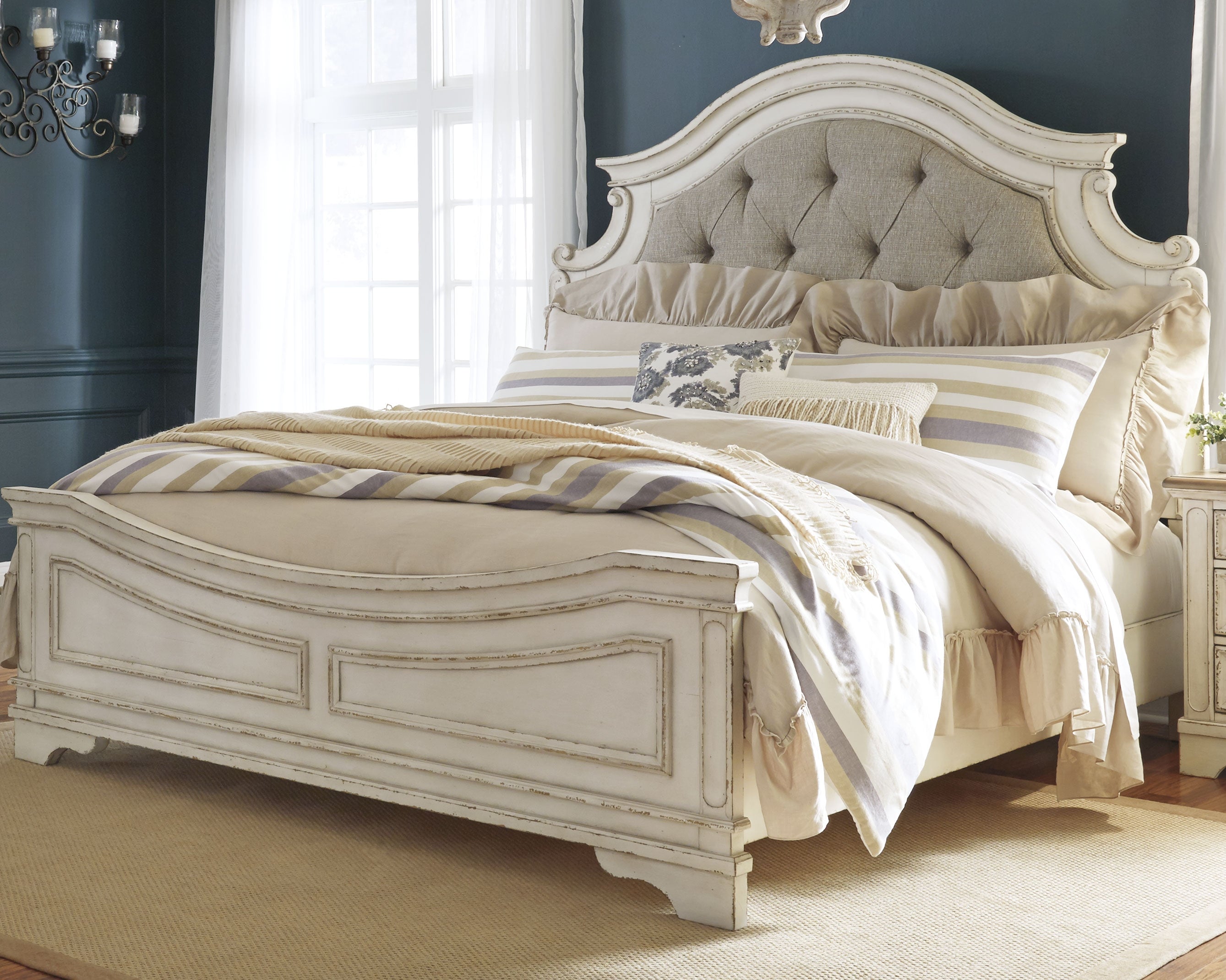 Coral Furniture - Ashley Furniture - Realyn Bedroom - California King Upholstered Panel Bed / Chipped White - B743B7