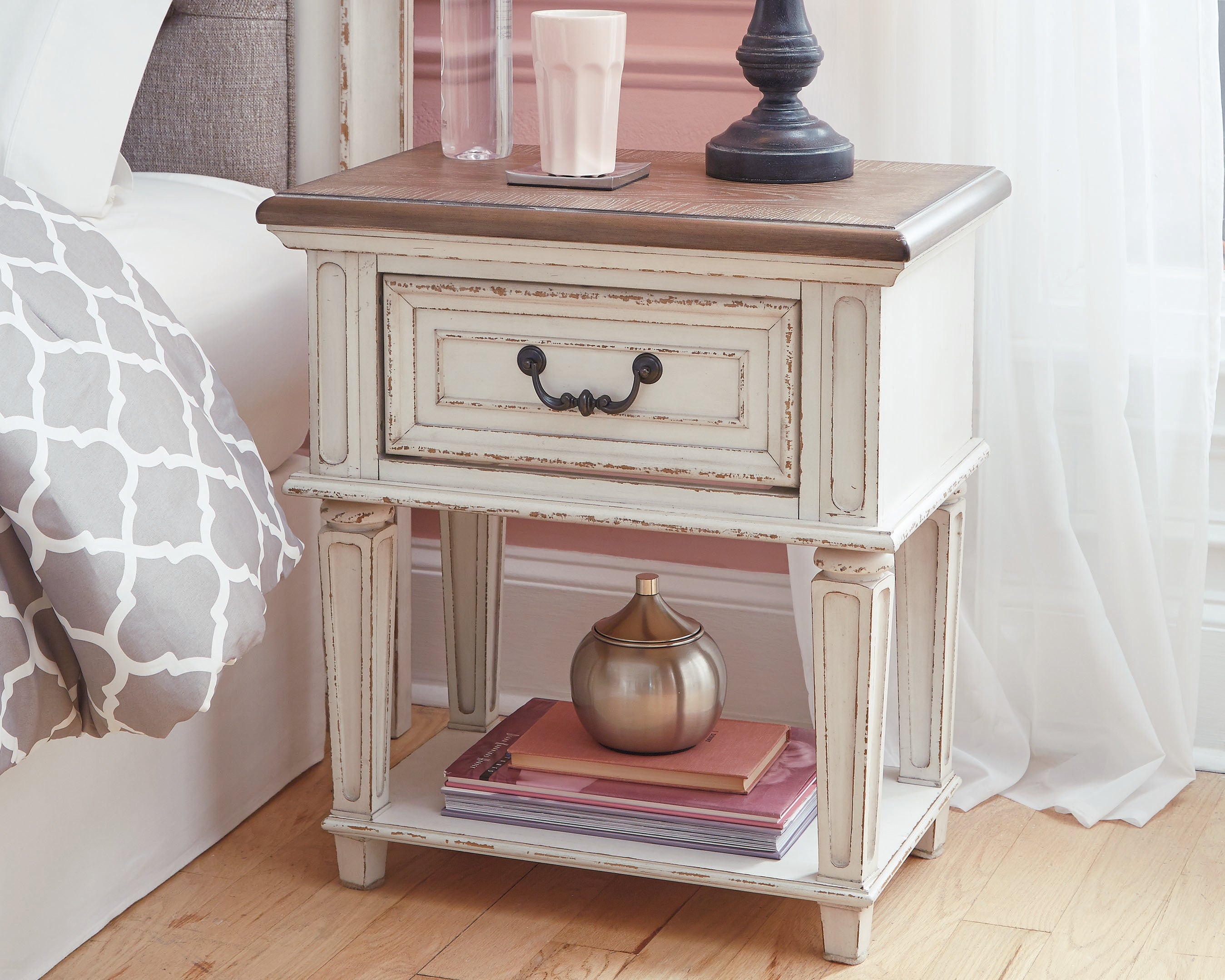Coral Furniture - Ashley Furniture - Realyn Bedroom - One Drawer Night Stand / Chipped White - B743-91