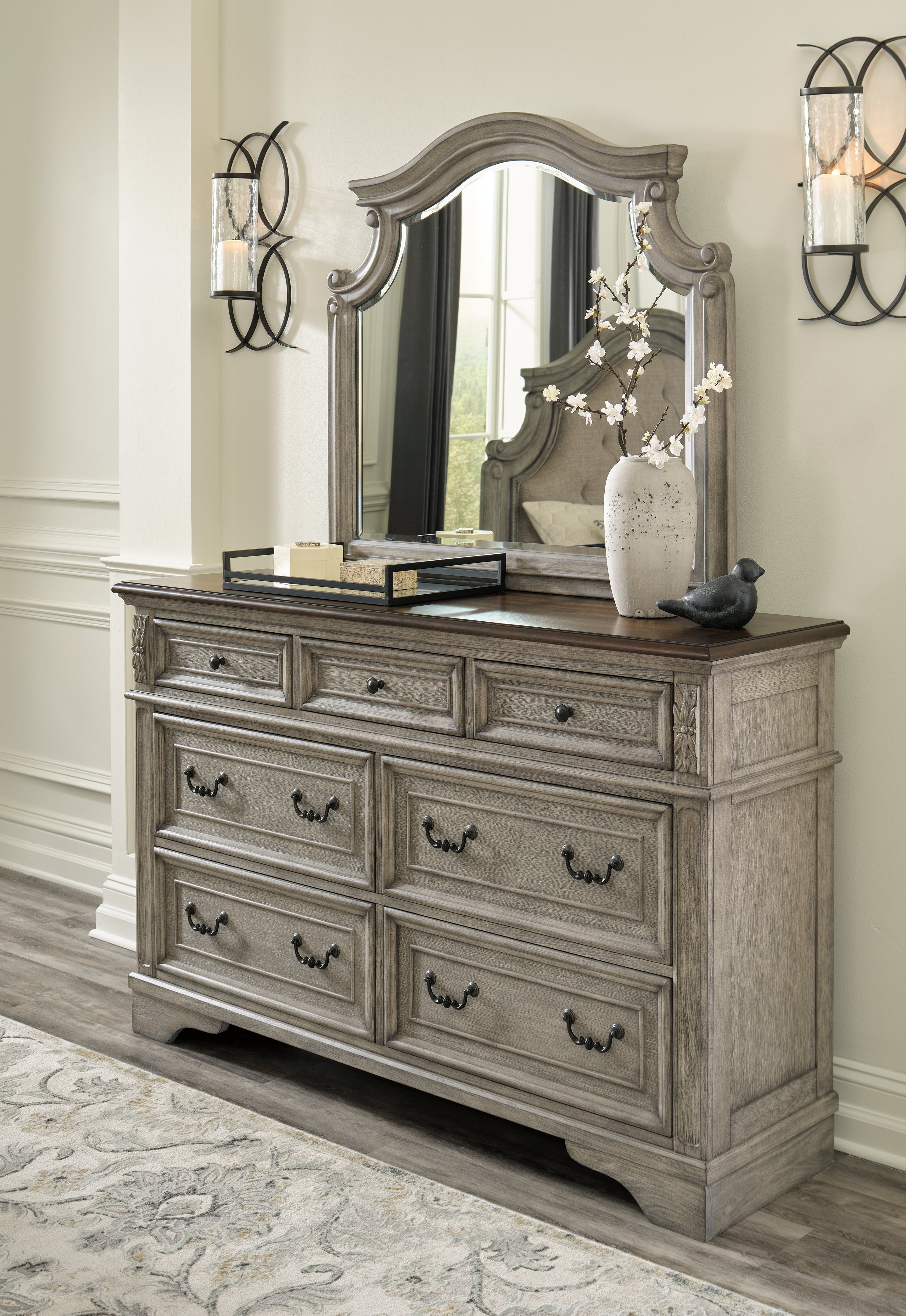 Coral Furniture - Ashley Furniture - Lodenbay Bedroom - Dresser and Mirror / Antique Gray/Brown - B751B1