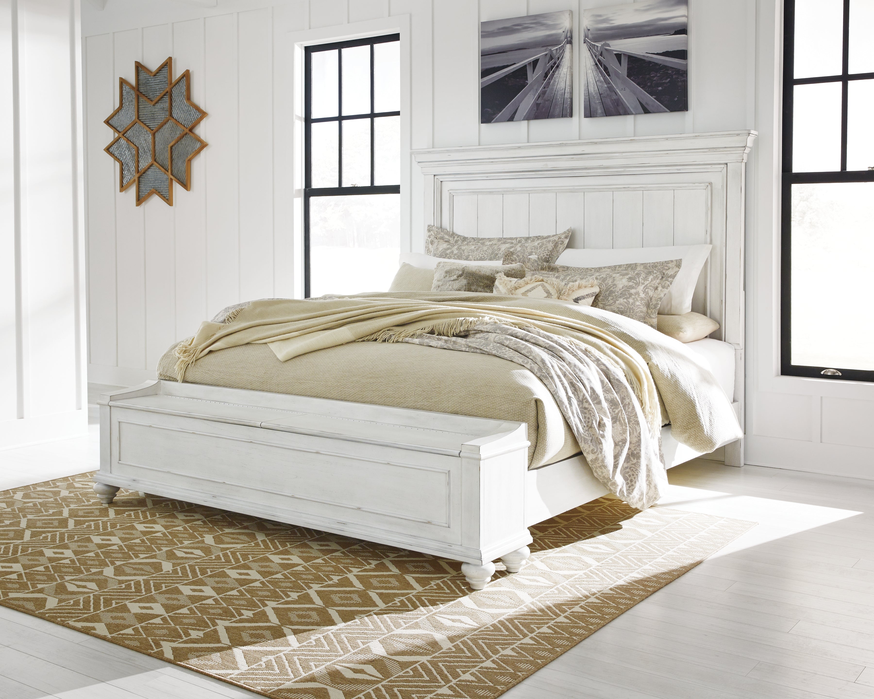 Coral Furniture - Ashley Furniture - Kanwyn Bedroom - King Panel Bed with Storage Bench / Whitewash - B777B9