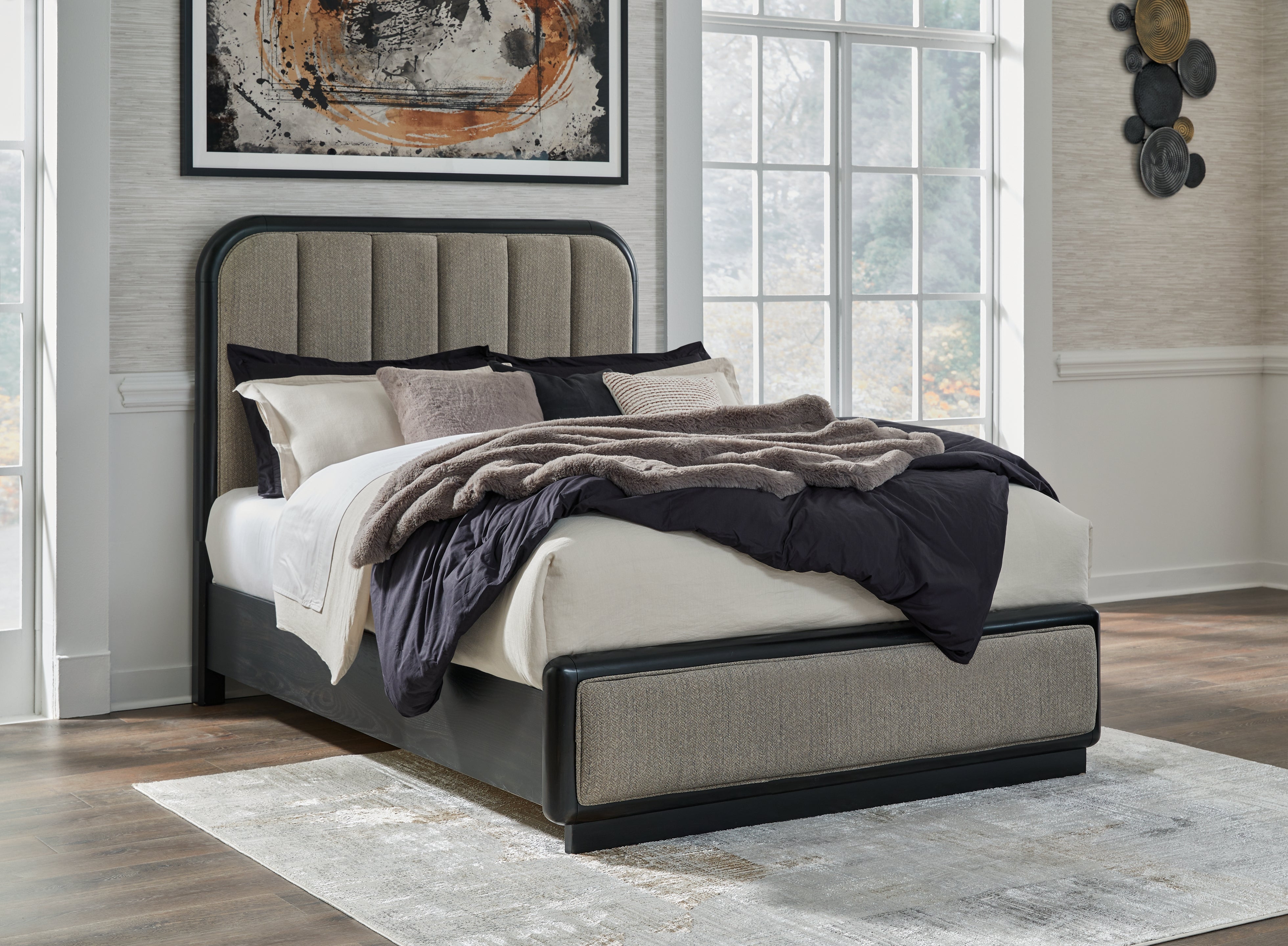 Coral Furniture - Ashley Furniture - Rowanbeck Bedroom - Queen Upholstered Panel Bed / Gray/Black - B821B2