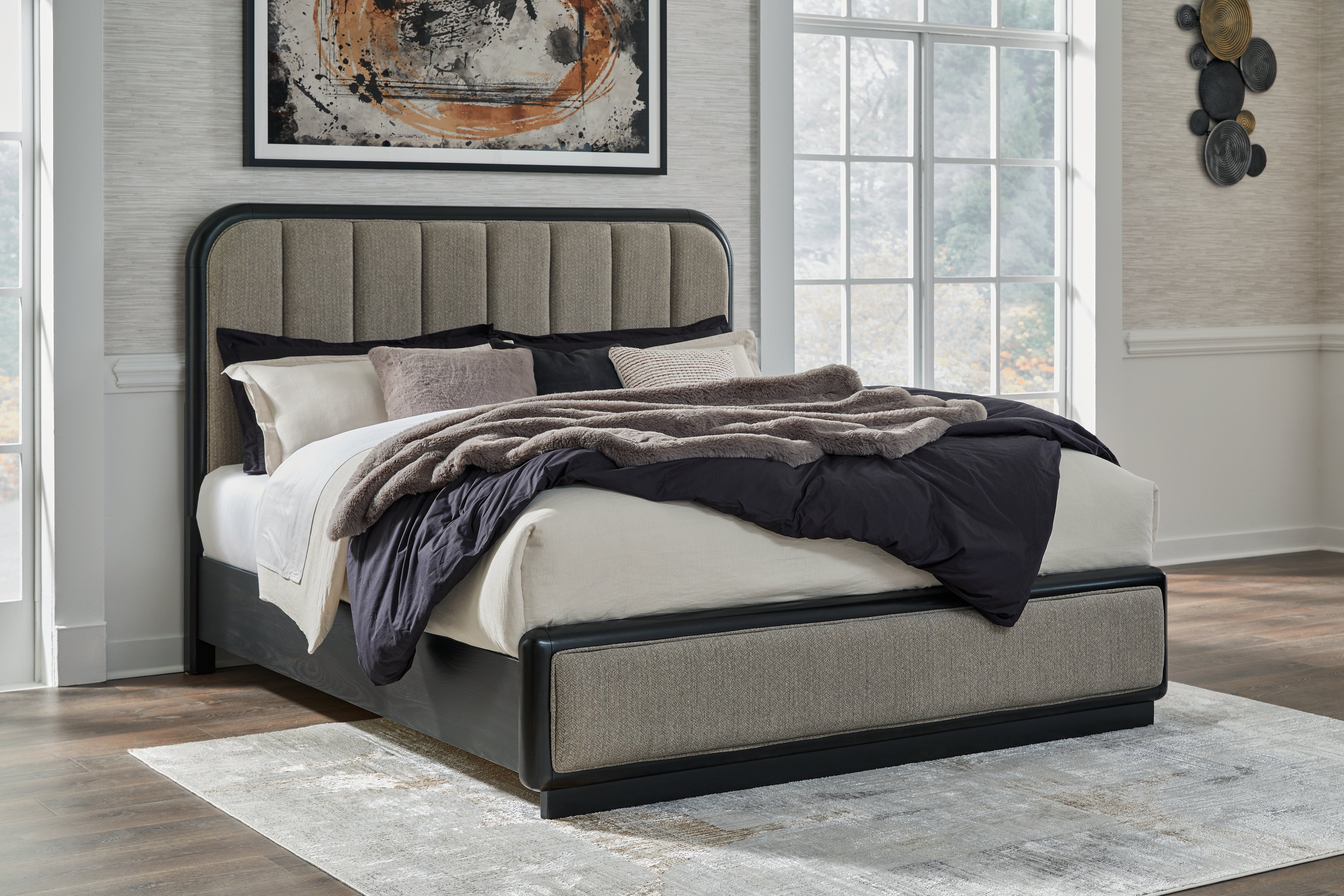 Coral Furniture - Ashley Furniture - Rowanbeck Bedroom - King Upholstered Panel Bed / Gray/Black - B821B4