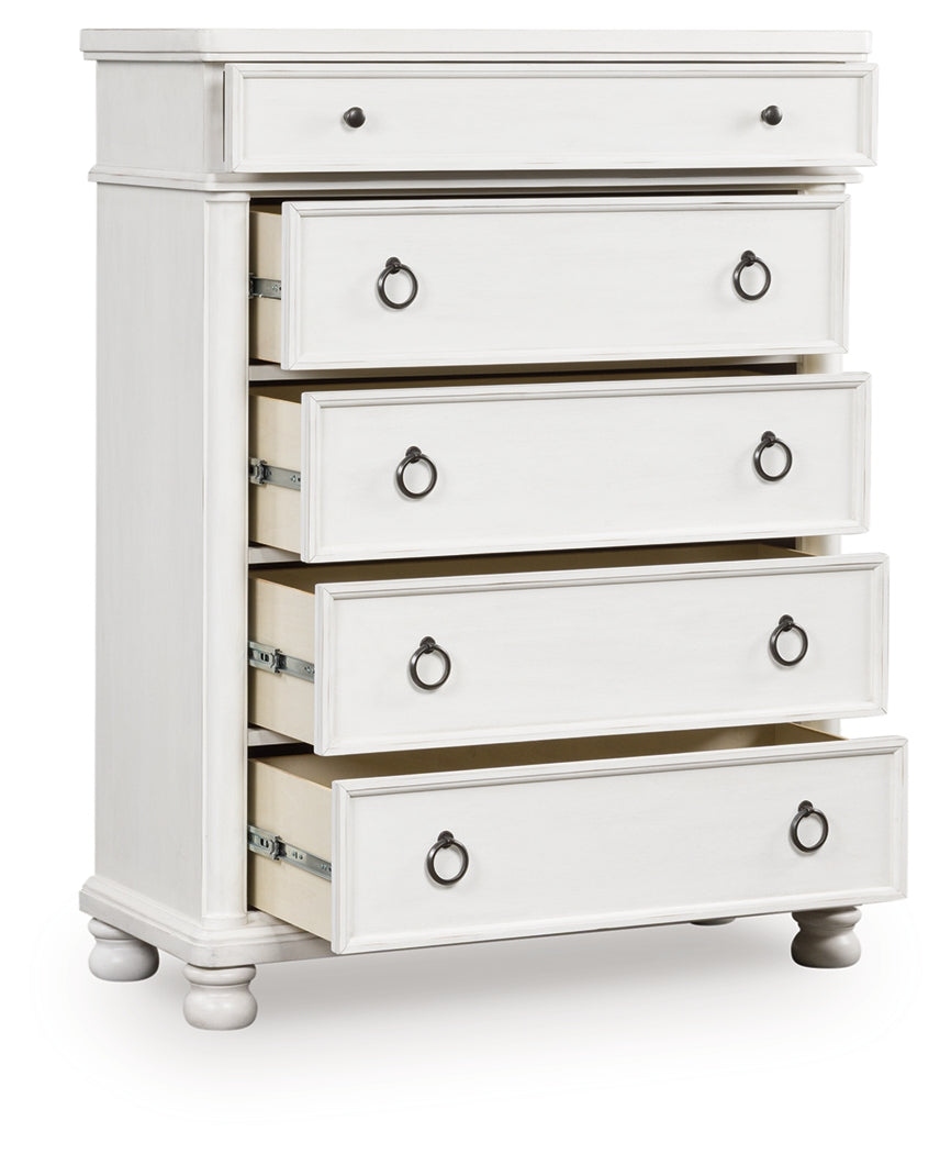 Coral Furniture - Ashley Furniture - Rowlenstown Bedroom - Five Drawer Chest / Antique White - PCB823-46
