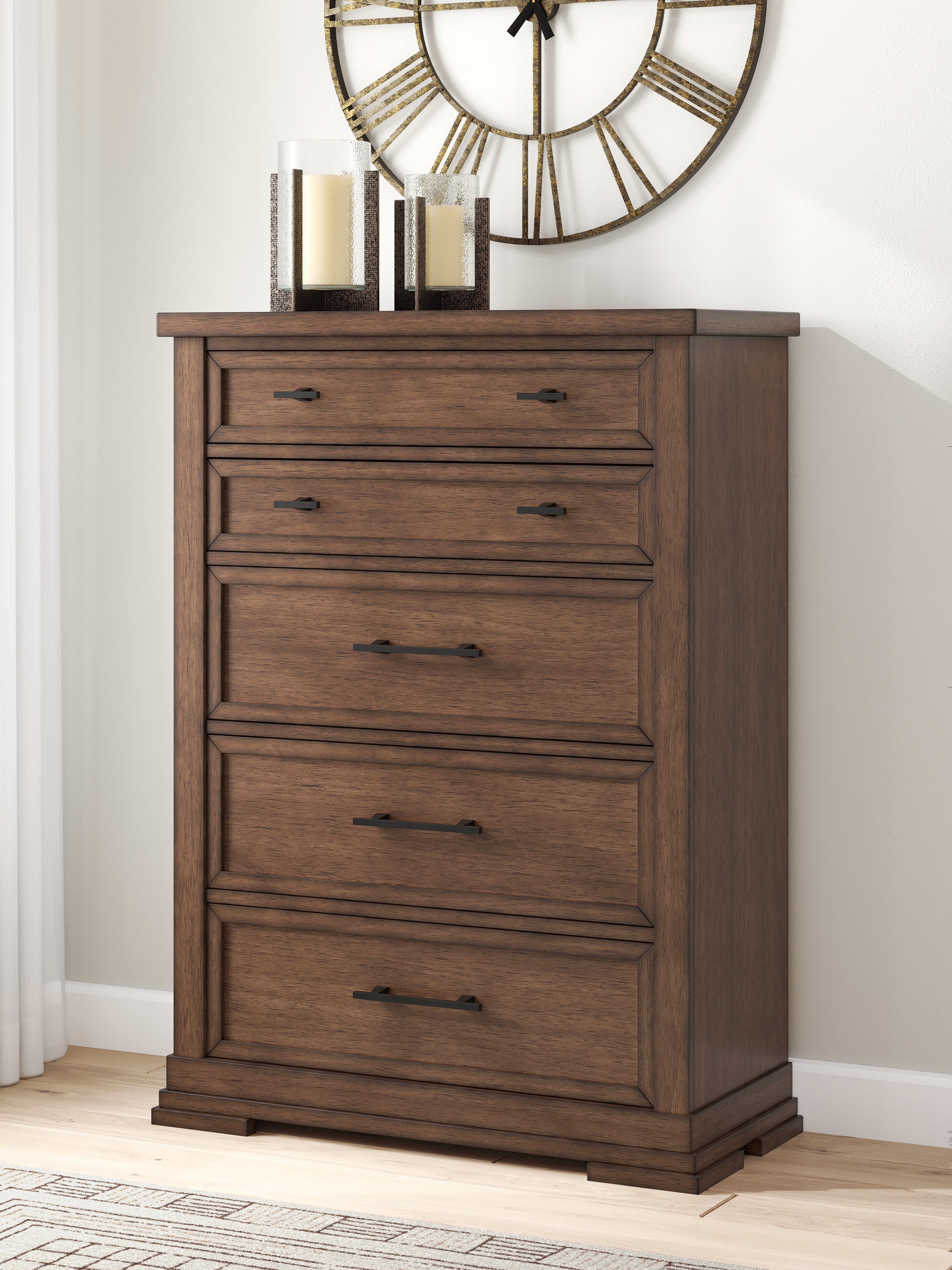 Coral Furniture - Ashley Furniture - Taffenbrook Bedroom - Five Drawer Chest / Medium Brown - B849-46