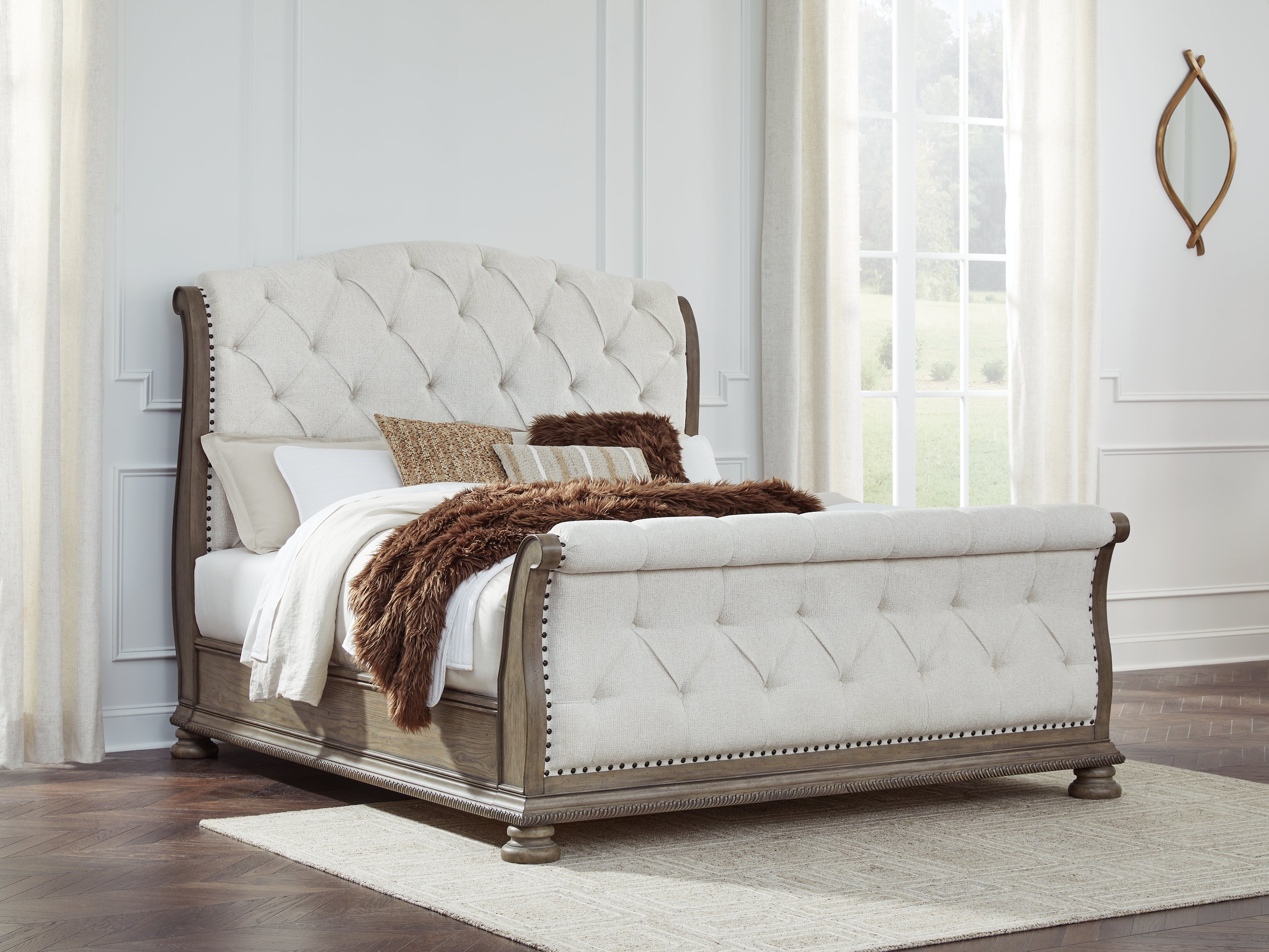 Coral Furniture - Ashley Furniture - Ardenfield Bedroom - King Upholstered Sleigh Bed / Light Brown - B944B4