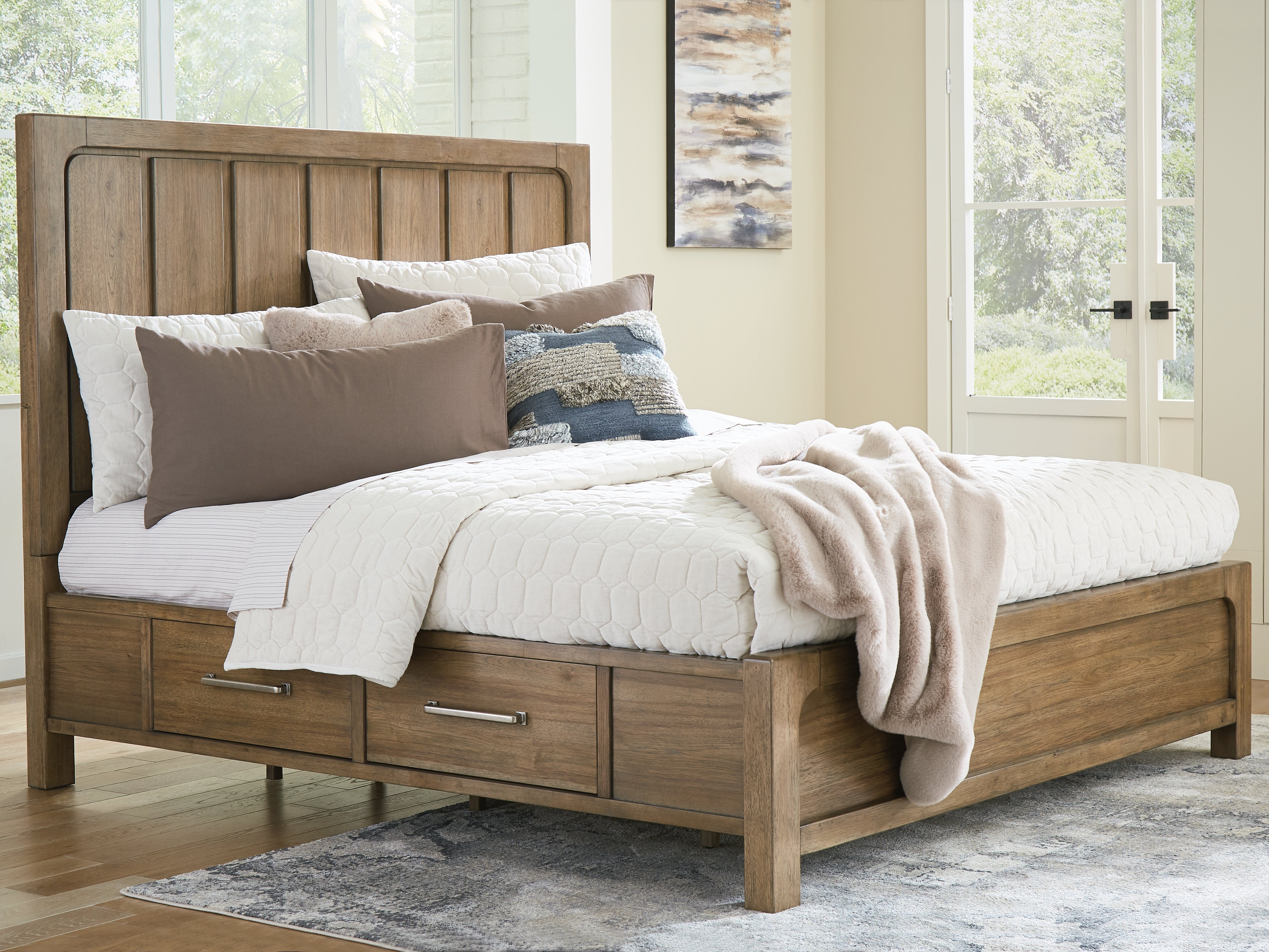 Coral Furniture - Ashley Furniture - Cabalynn Bedroom - Queen Panel Bed with Storage / Light Brown - B974B4
