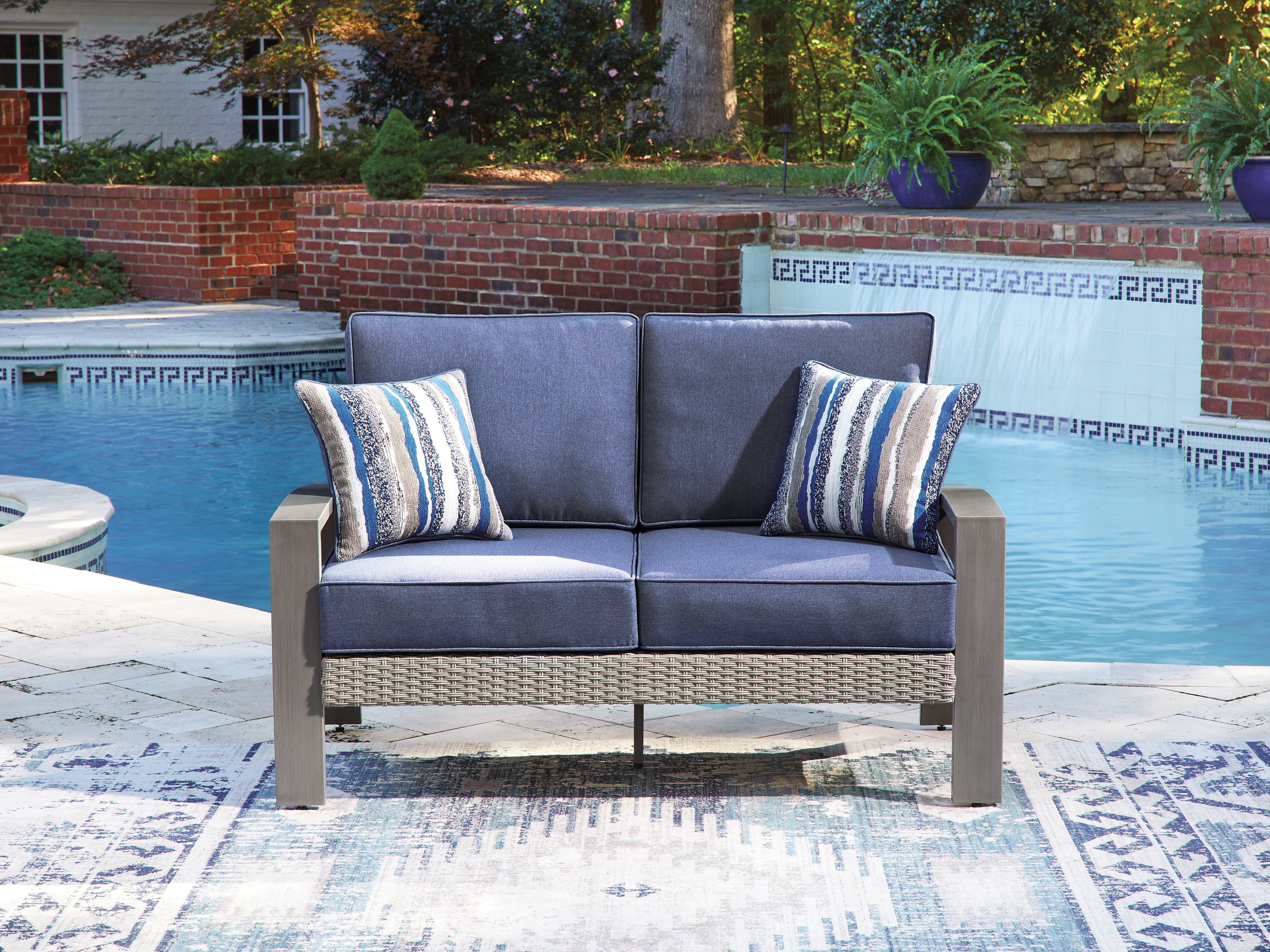 Coral Furniture - Ashley Furniture - Half Moon Beach Outdoor - Loveseat w/Cushion / Blue/Gray - PCP418-835