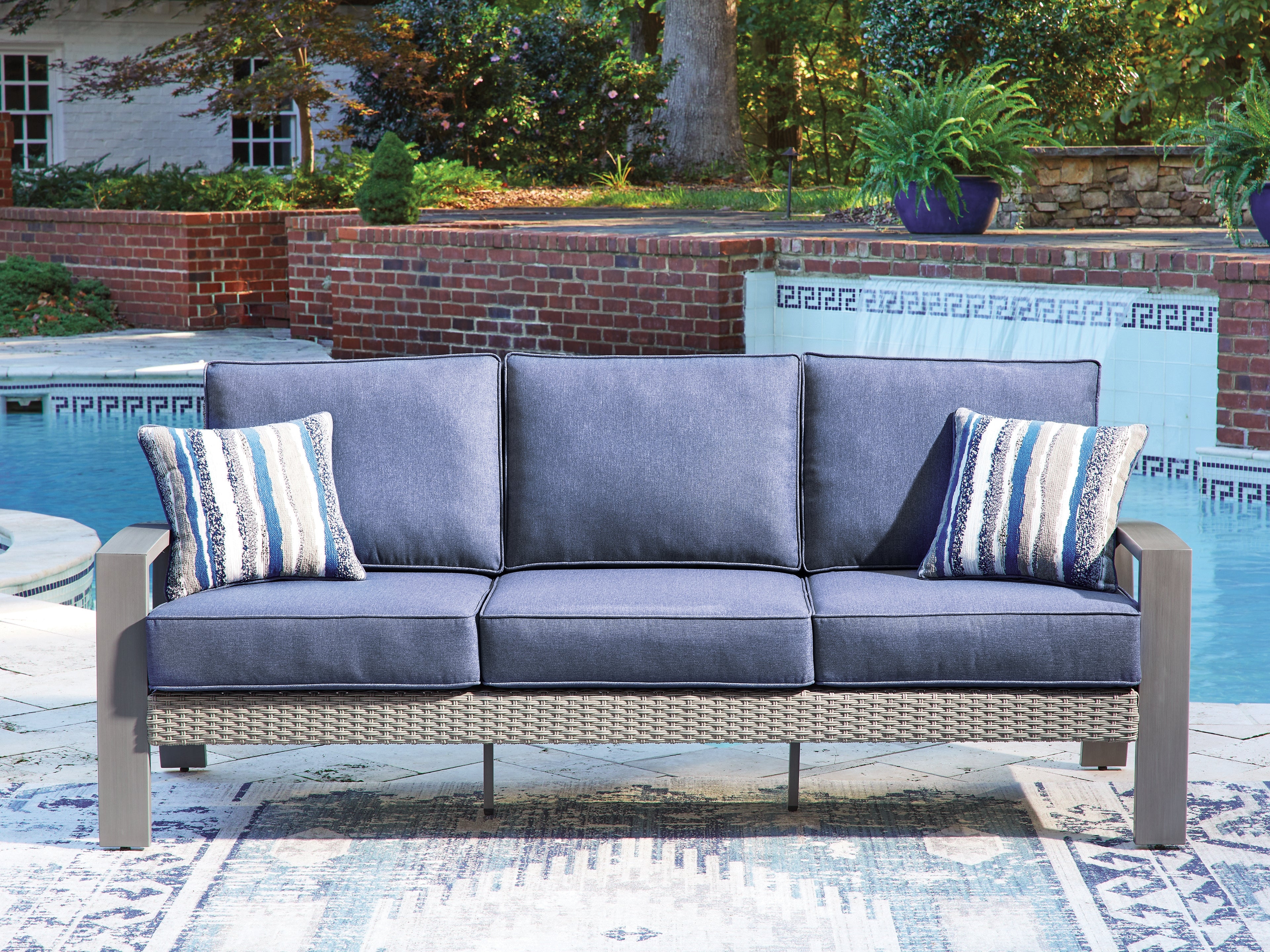 Coral Furniture - Ashley Furniture - Half Moon Beach Outdoor - Sofa with Cushion / Blue/Gray - PCP418-838