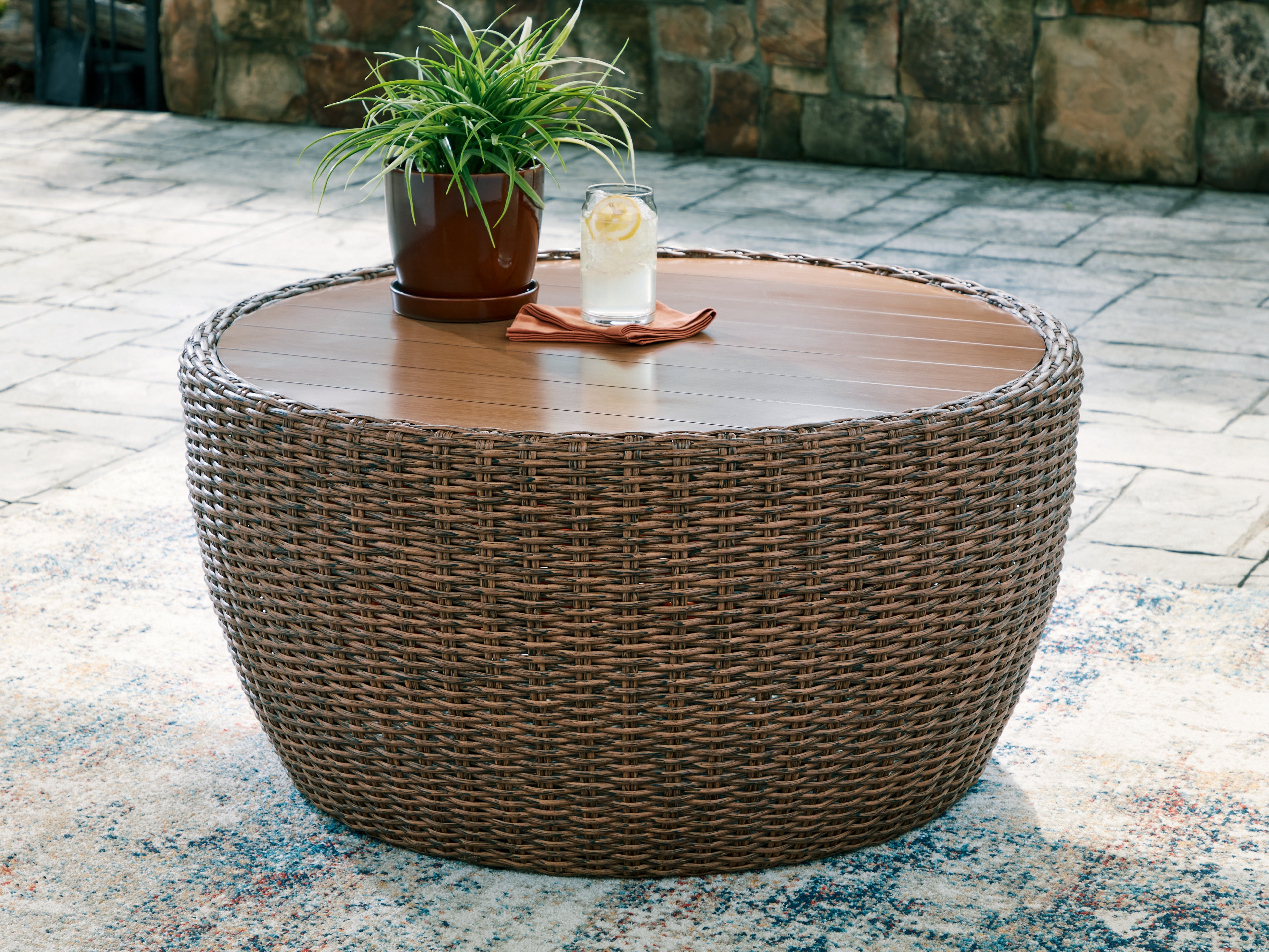 Coral Furniture - Ashley Furniture - Double Point Outdoor - Round Cocktail Table / Beige - PCP503-708