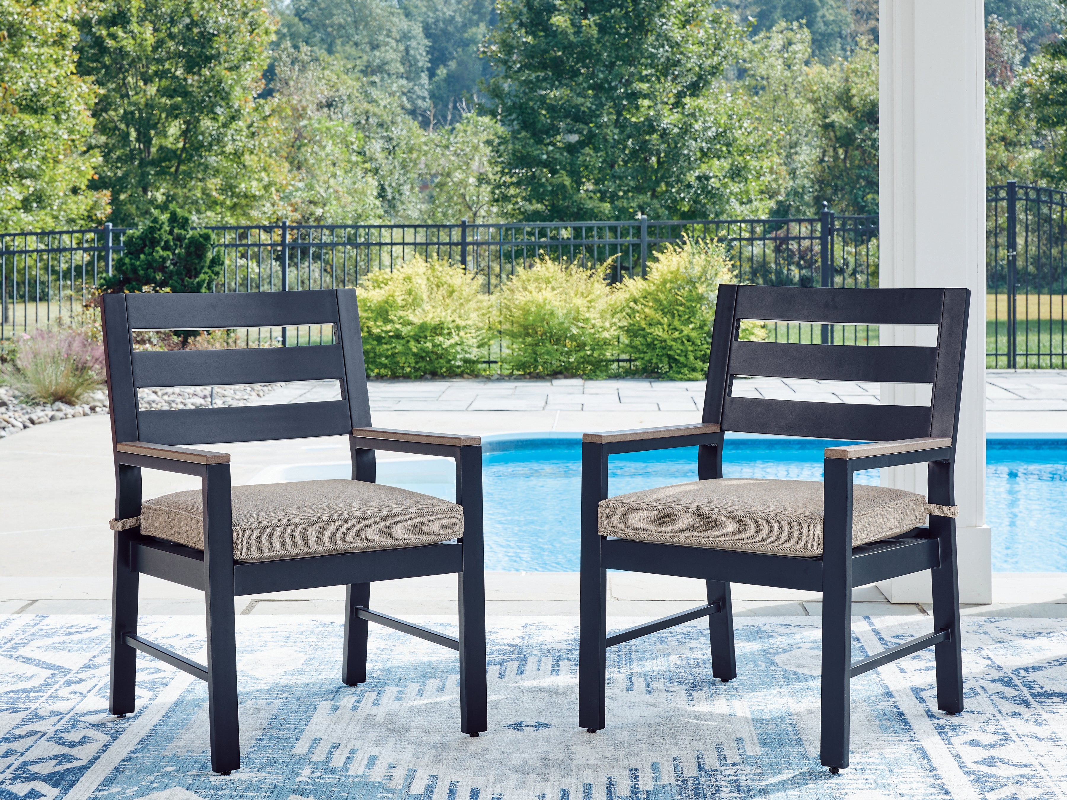 Coral Furniture - Ashley Furniture - East Beach Outdoor - Arm Chair With Cushion (Set of 2) / Navy Blue/Driftwood - PCP587-601A