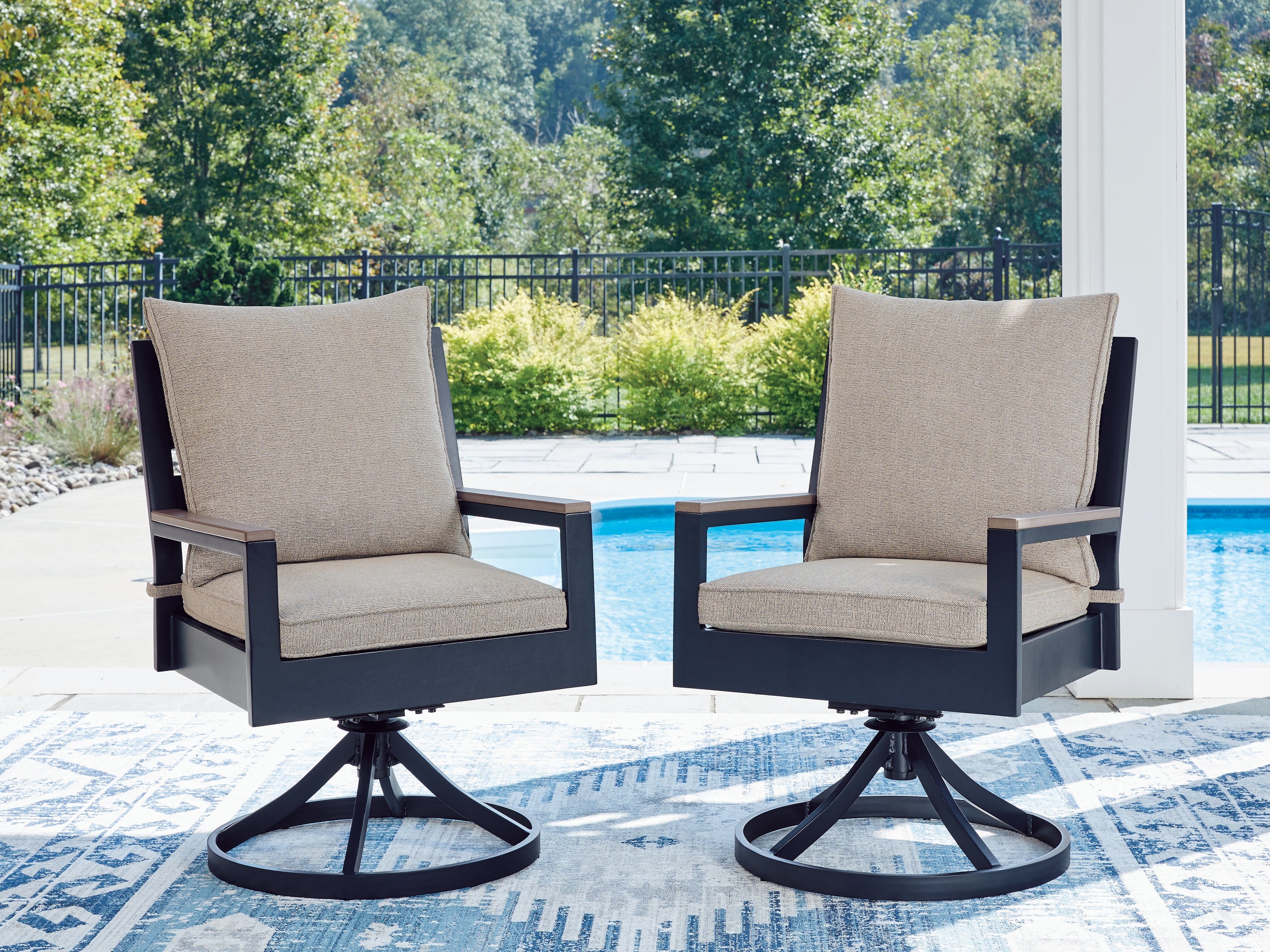 Coral Furniture - Ashley Furniture - East Beach Outdoor - Swivel Chair w/Cushion (Set of 2) / Navy Blue/Driftwood - PCP587-602A