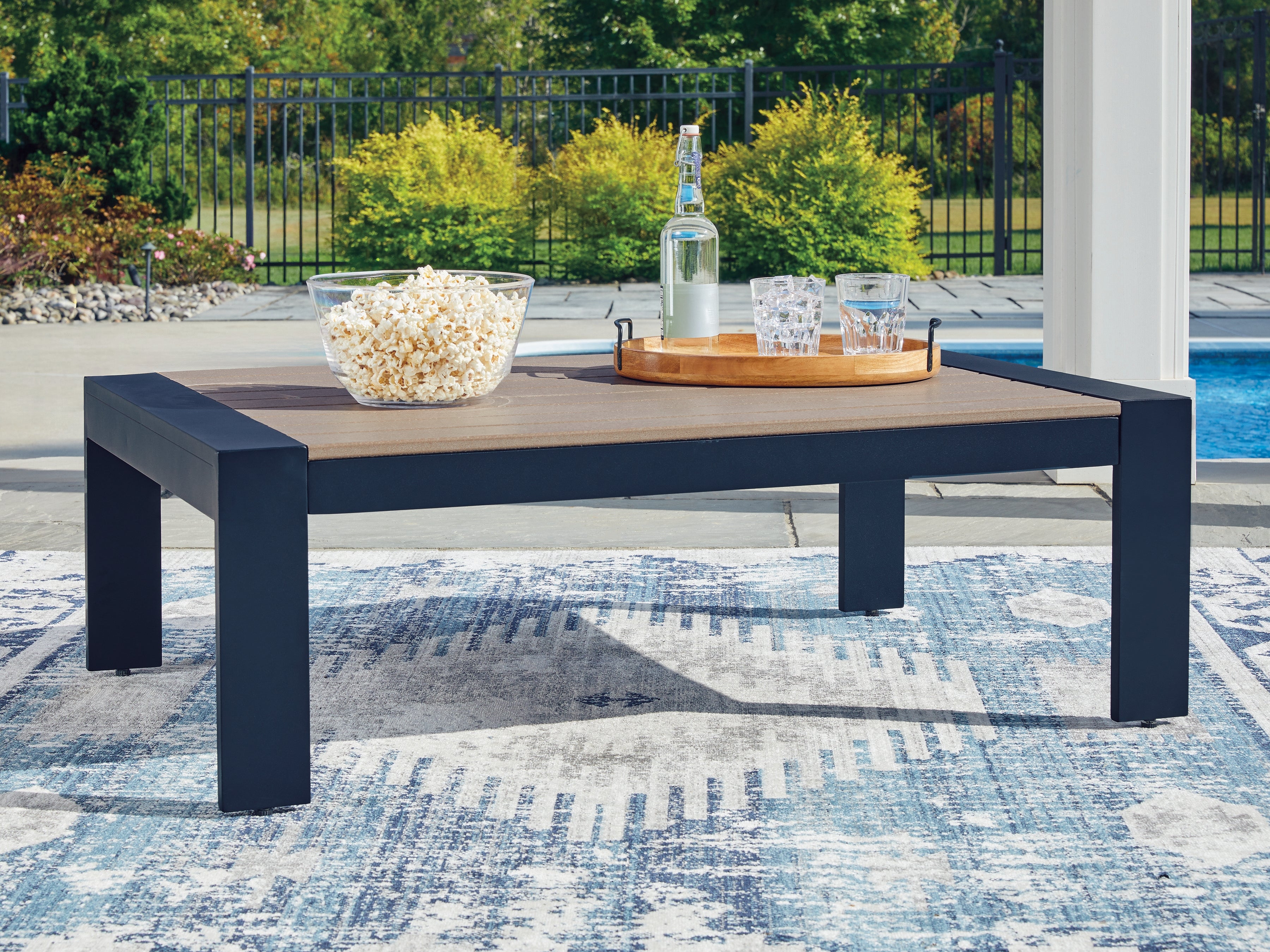Coral Furniture - Ashley Furniture - East Beach Outdoor - Rectangular Cocktail Table / Navy Blue/Driftwood - PCP587-701