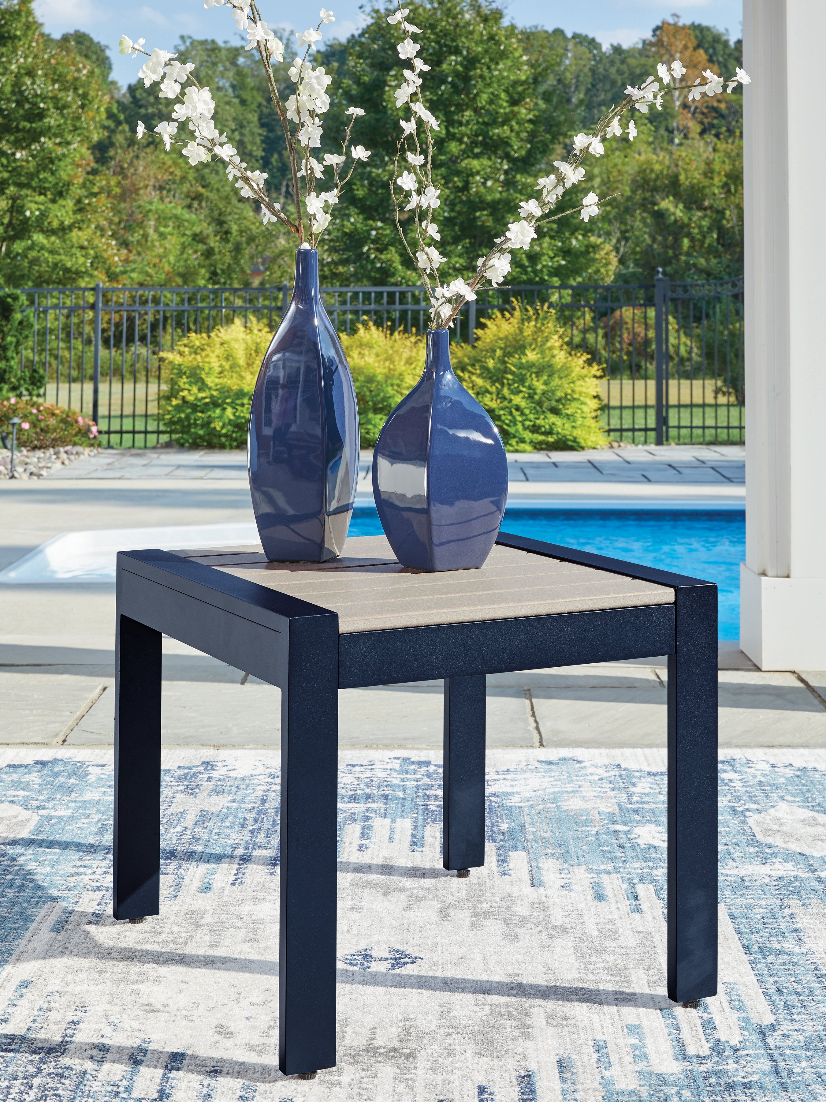 Coral Furniture - Ashley Furniture - East Beach Outdoor - Rectangular End Table / Navy Blue/Driftwood - PCP587-703