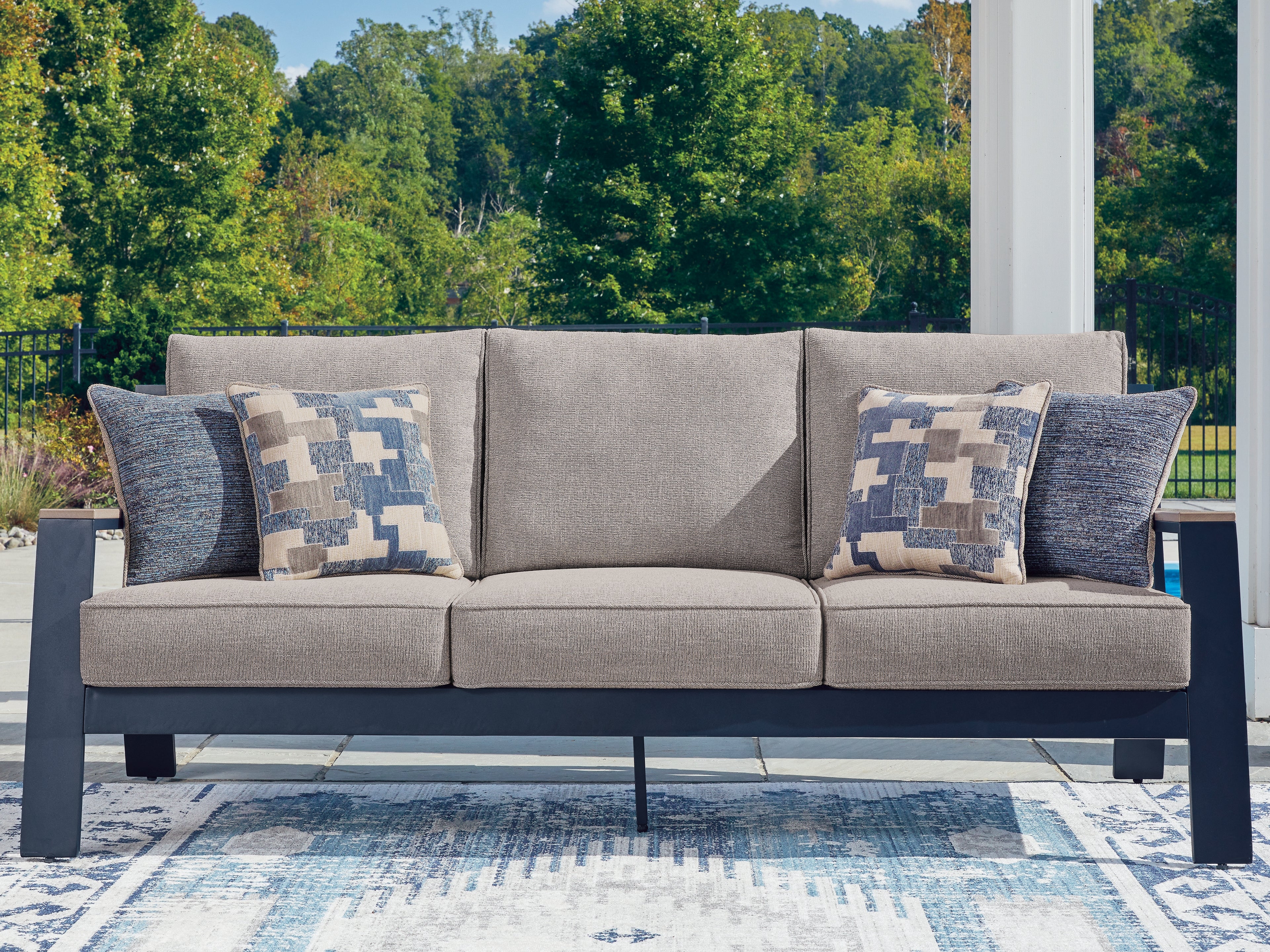 Coral Furniture - Ashley Furniture - East Beach Outdoor - Sofa with Cushion / Navy Blue/Driftwood - PCP587-838