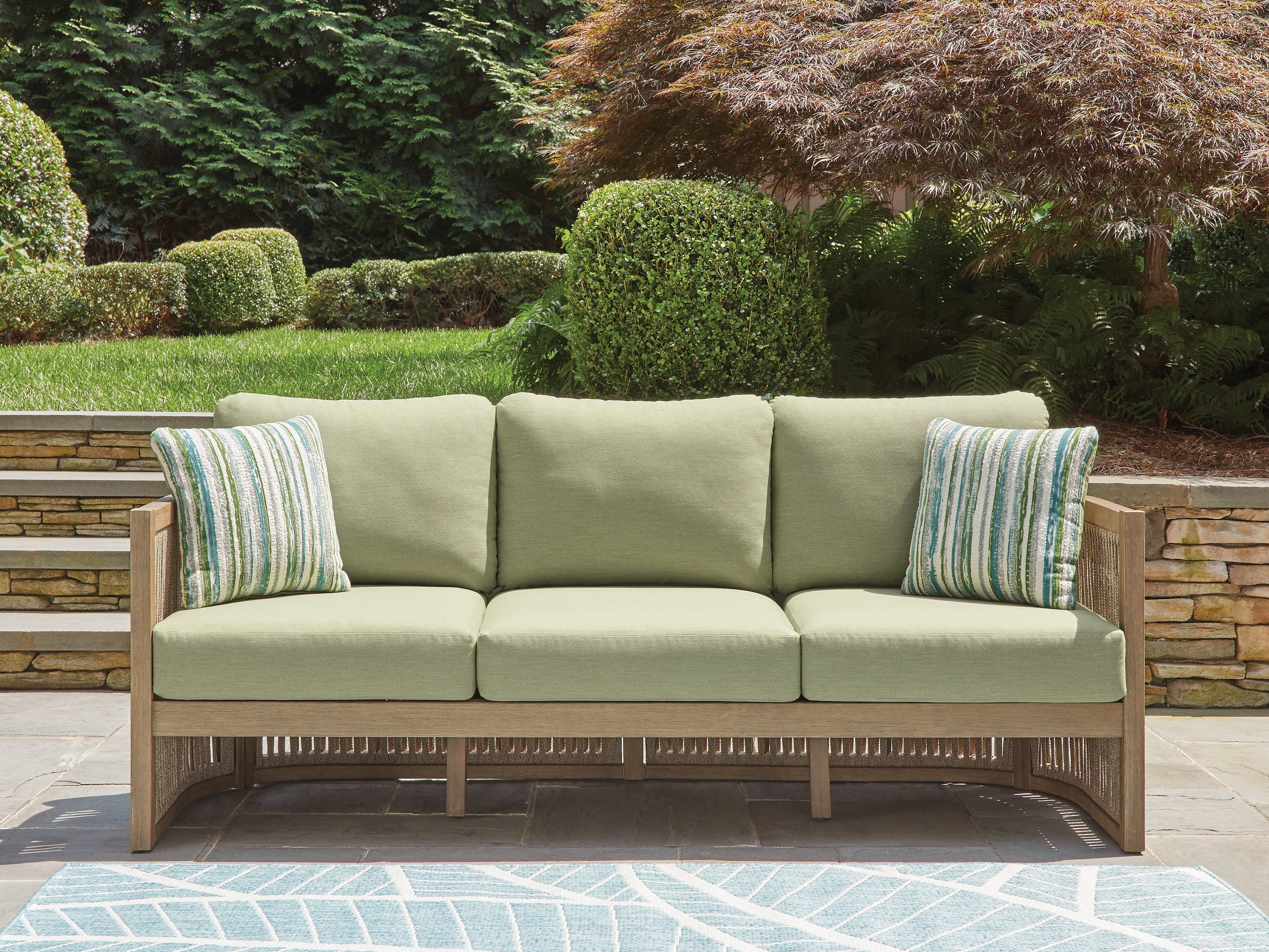 Coral Furniture - Ashley Furniture - Serena Shores Outdoor - Sofa with Cushion / Beige/Green - PCP604-838