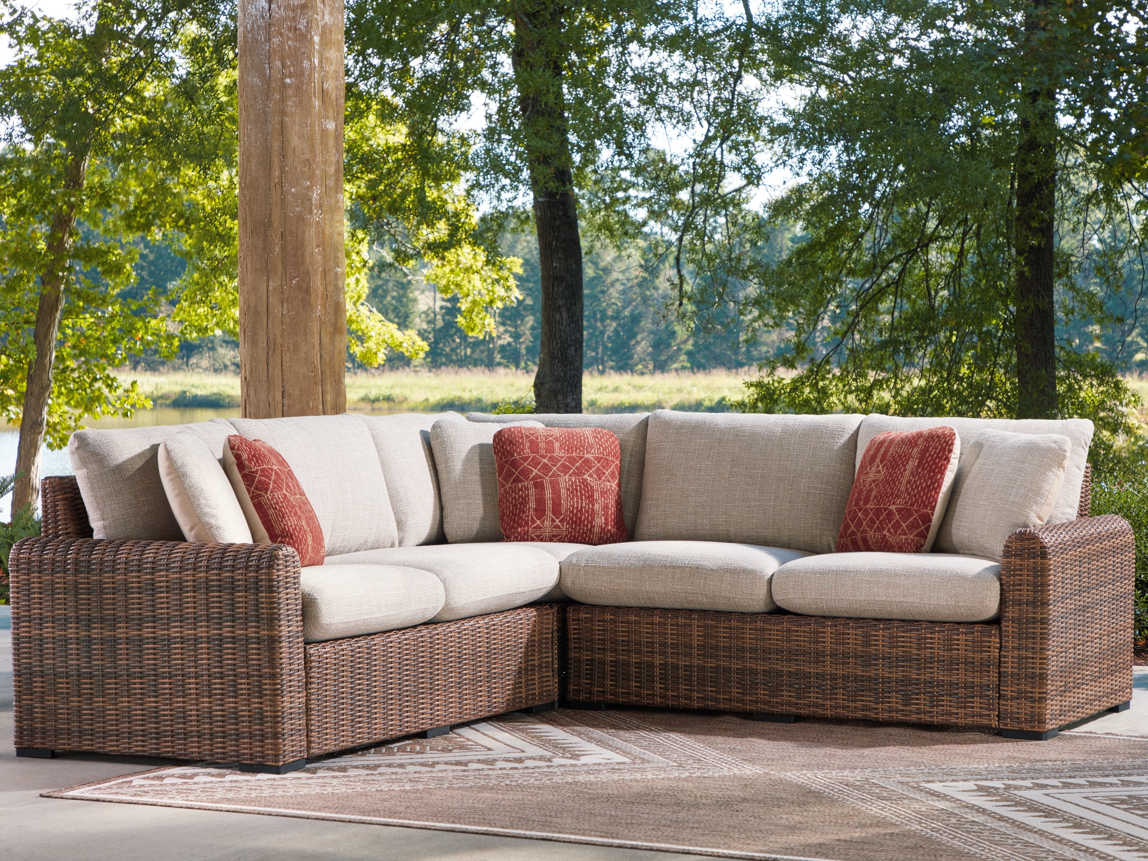 Coral Furniture - Ashley Furniture - Dolan Creek Outdoor - 3-Piece Outdoor Sectional / Beige/Brown - PCP610P1
