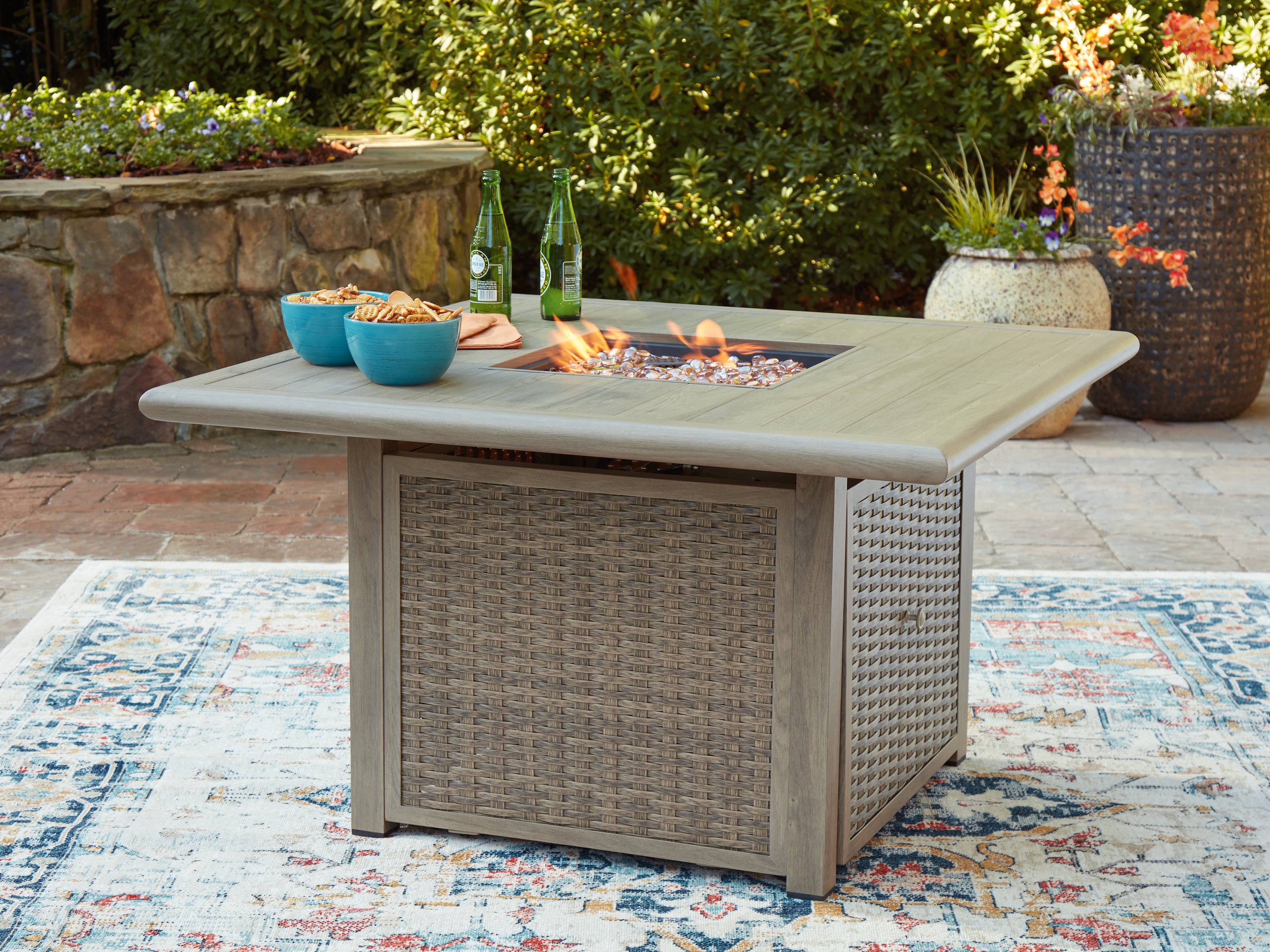 Coral Furniture - Ashley Furniture - Cliff Trails Outdoor - Square Fire Pit Table / Beige - PCP690-772