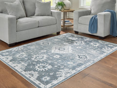 Coral Furniture - Ashley Furniture - Avanworths Rug - Washable 5'3" x 7' Area Rug / Blue/Gray/Ivory - R407792