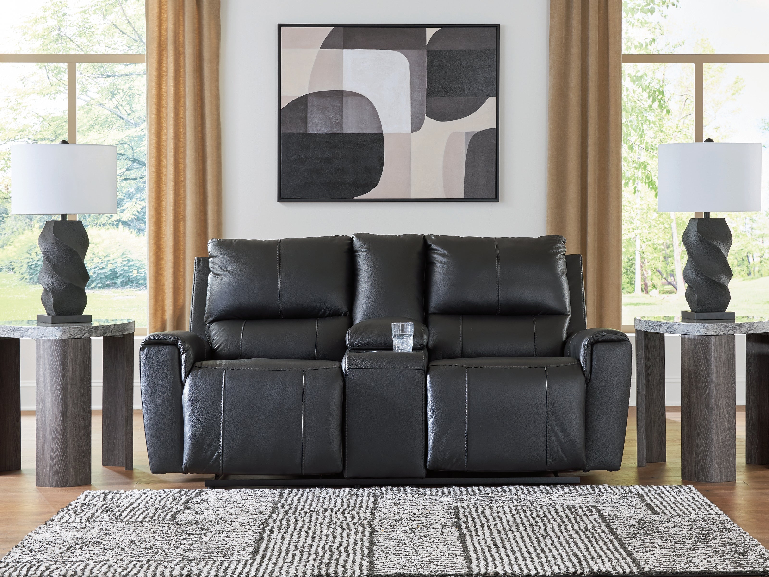 Coral Furniture - Ashley Furniture - Glossmore Living Room - DBL Rec Loveseat w/Console / Black - PCU1170094