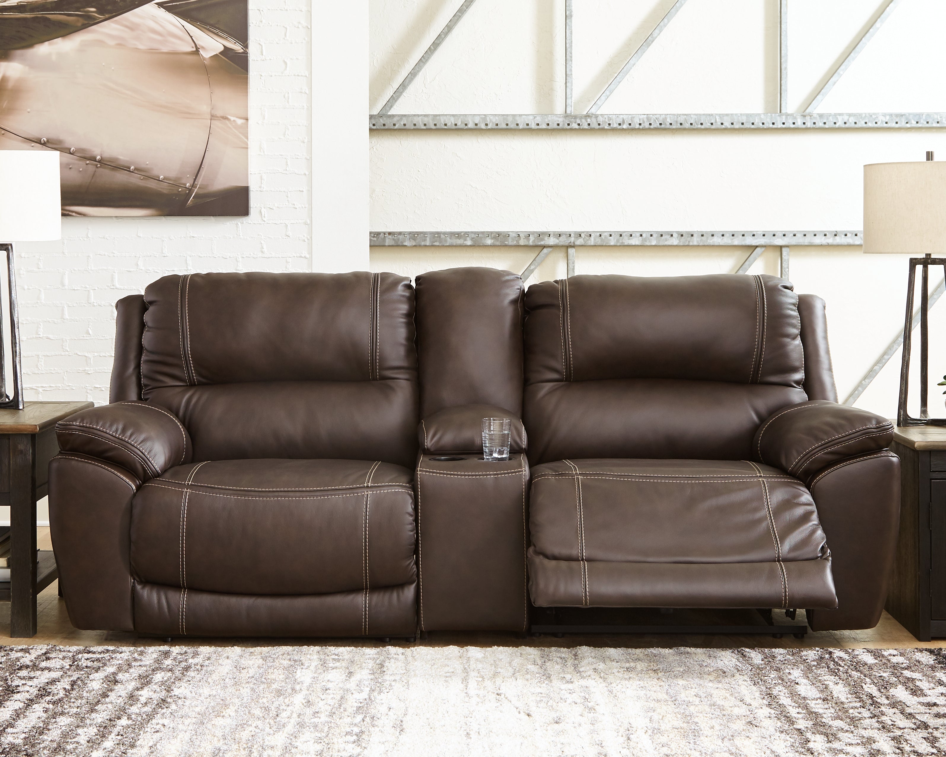 Coral Furniture - Ashley Furniture - Dunleith Sectional - 3-Piece Power Reclining Loveseat with Console / Chocolate - U71604S4