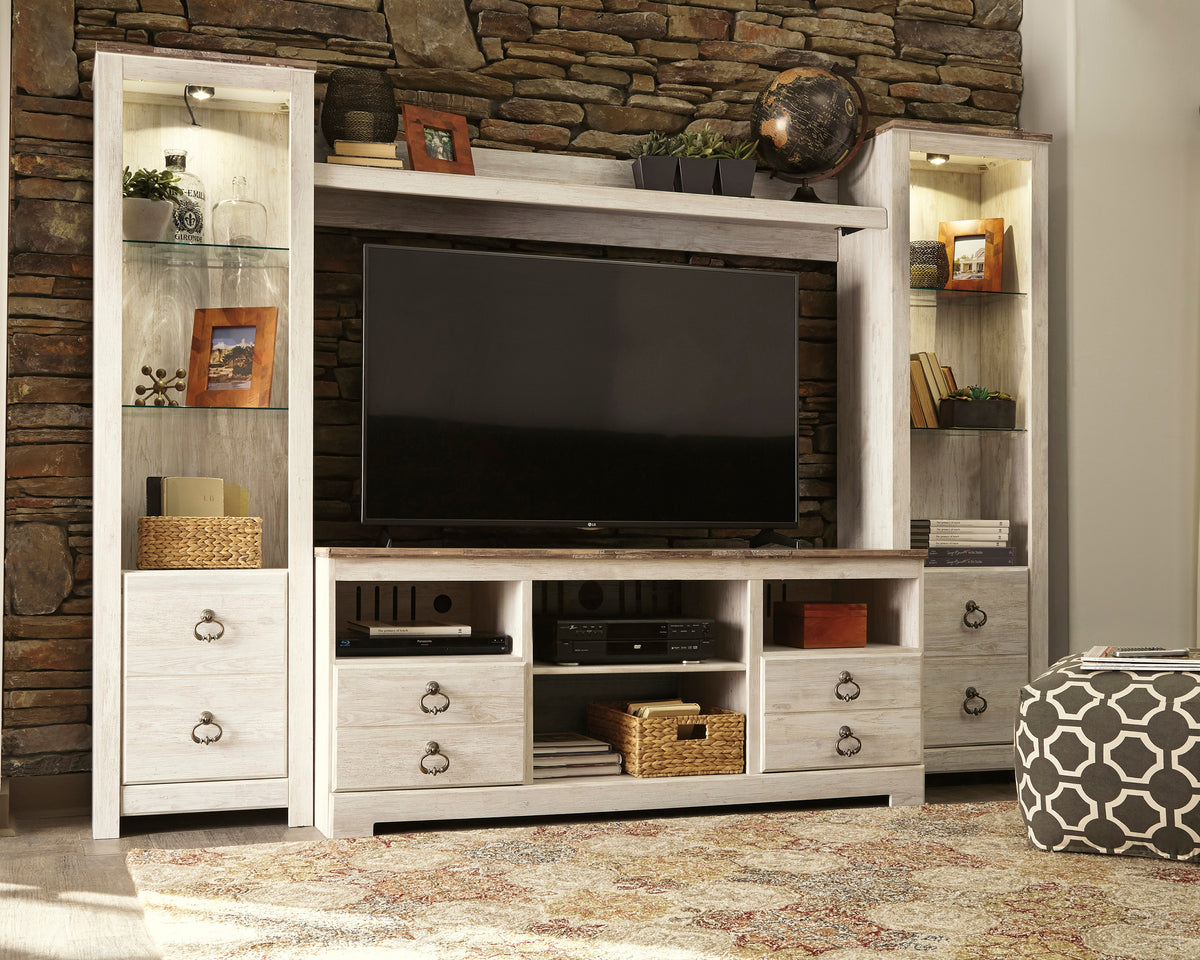 Coral Furniture - Ashley Furniture - Willowton Entertainment Center - 4-Piece Entertainment Center / Whitewash - W267W3
