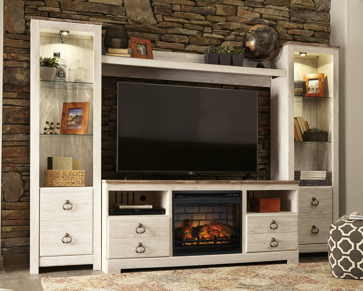 Coral Furniture - Ashley Furniture - Willowton 4-Piece Entertainment Center with Electric Fireplace - 4-Piece Entertainment Center with Electric Fireplace / Whitewash - W267W9