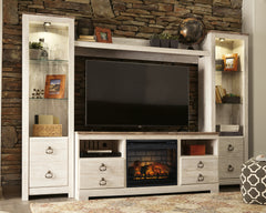 Coral Furniture - Ashley Furniture - Willowton 4-Piece Entertainment Center with Electric Fireplace - 4-Piece Entertainment Center with Electric Fireplace / Whitewash - W267W9